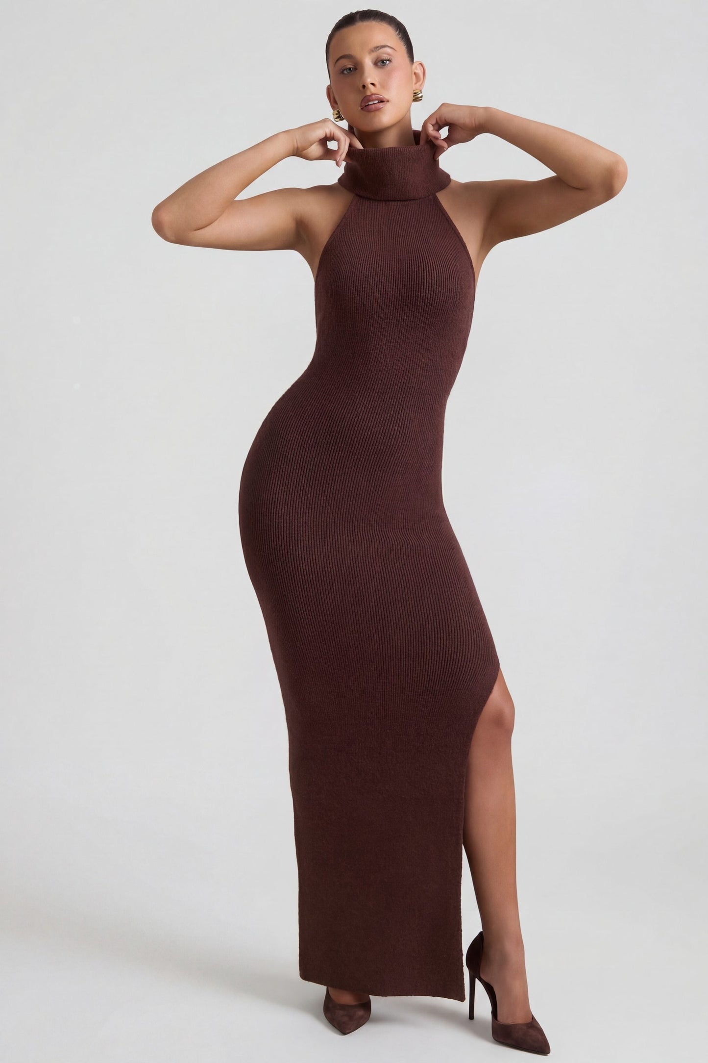 Ribbed-Knit Turtleneck Backless Maxi Dress in Espresso